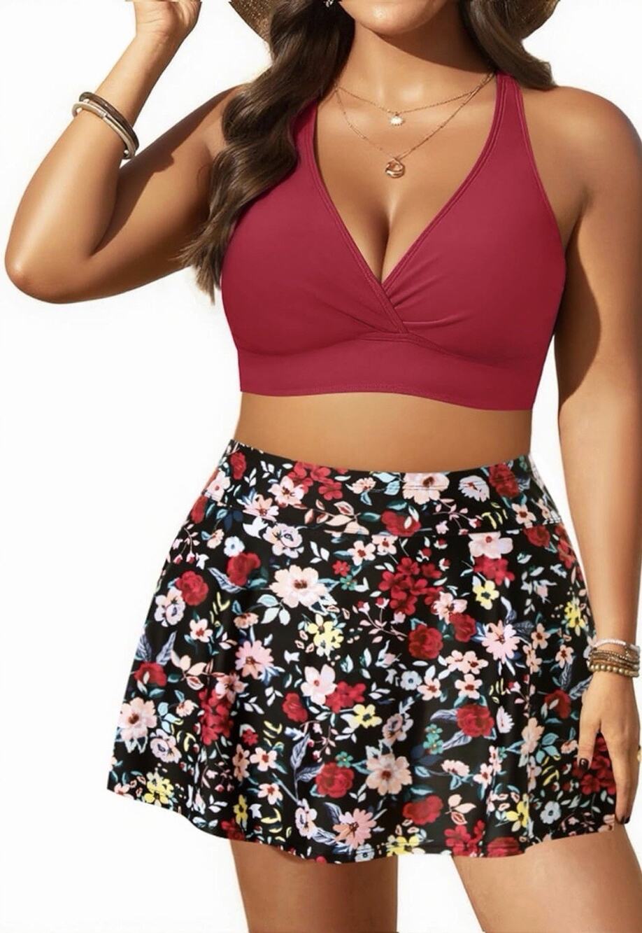 Yonique High Waisted Bikini - Two Piece Swimsuit with Skirt Red Floral Womens 20